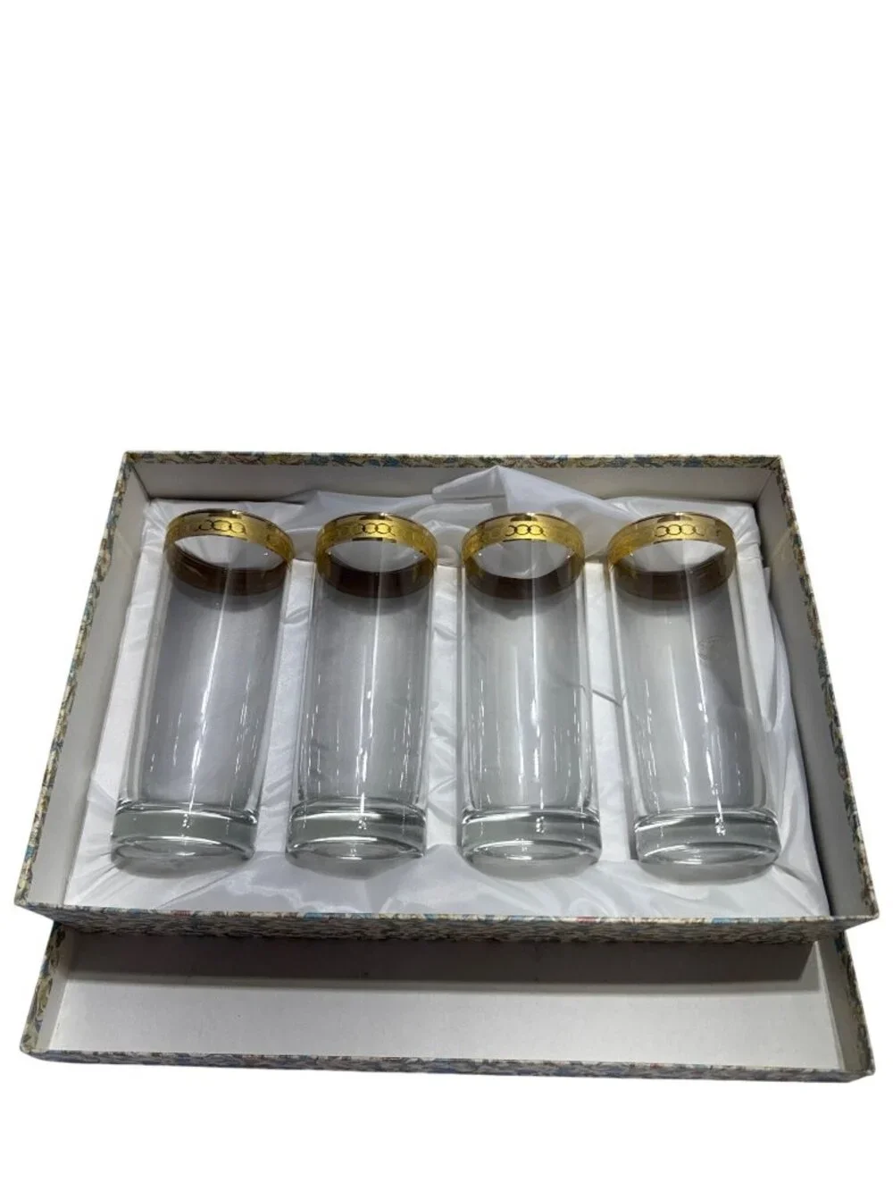 Italian Handcrafted Glassware Set 4 Gold Trim Floral Box Decor Stemware Gift