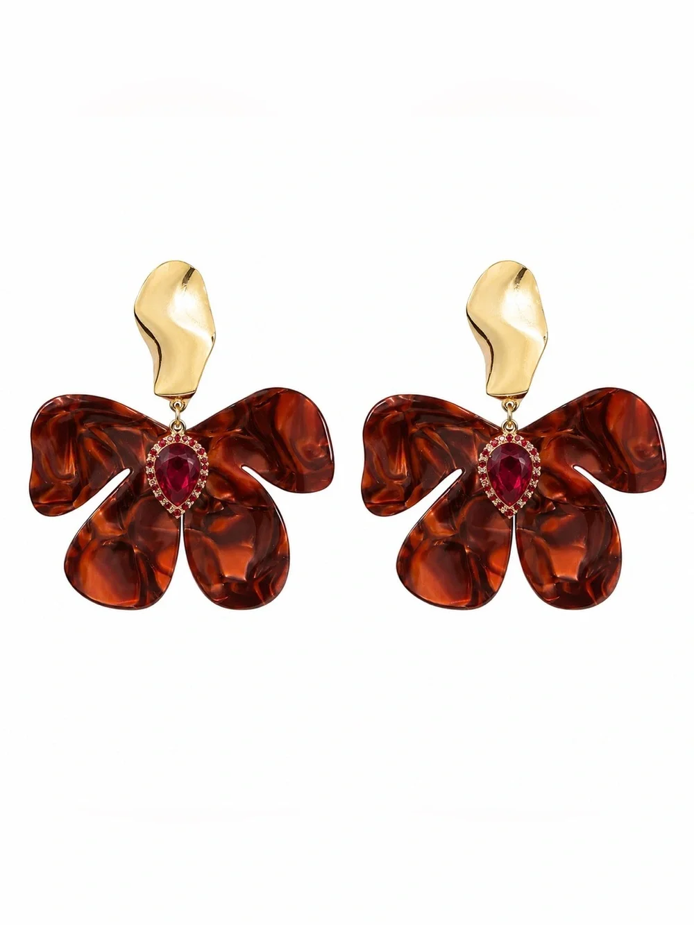 AKIRA Gold-Tone Earrings with Brown Petals and Red Teardrop Stone