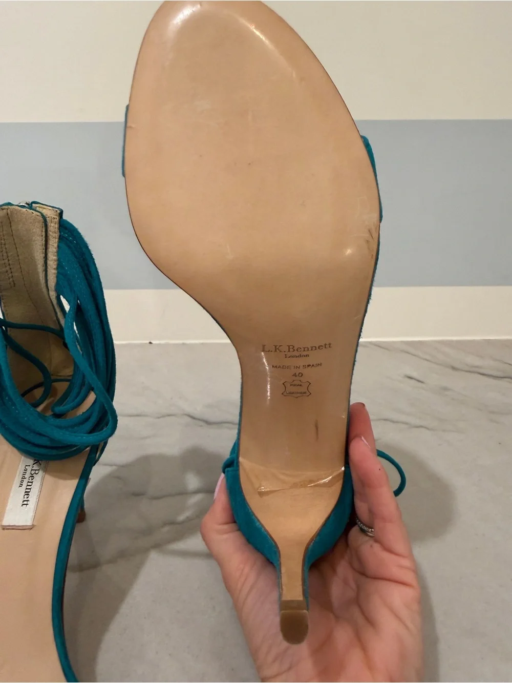 LK Bennett Teal Suede Ankle Wrap Heels Made in Spain 40 (US 8.5/9) NWOT