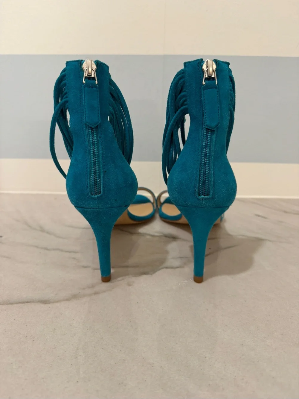 LK Bennett Teal Suede Ankle Wrap Heels Made in Spain 40 (US 8.5/9) NWOT