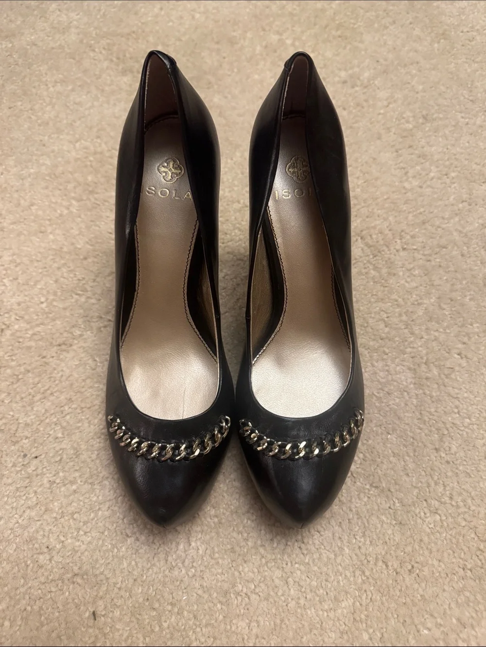 Isola Black Leather Pointed-Toe Pumps with Chain Trim