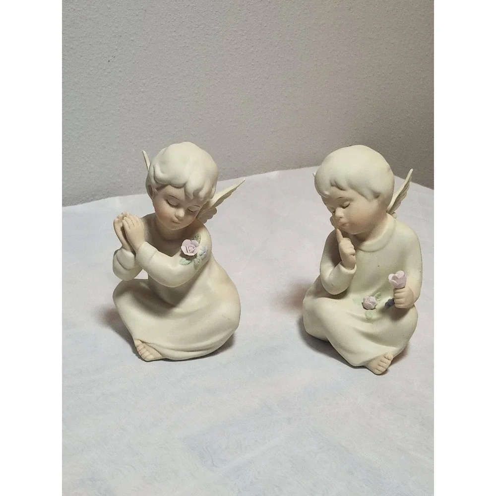 Vintage Bisque Porcelain Angel Cherub Figurines Set of 2 Cream Prayer Rose 4.5