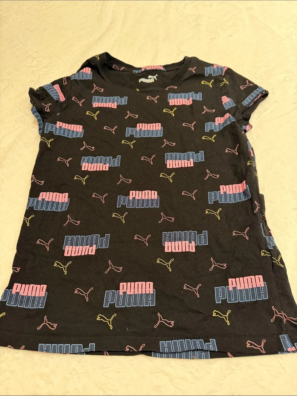 Puma Black Short-Sleeve Kids Pajama Top with Multi Logo Print