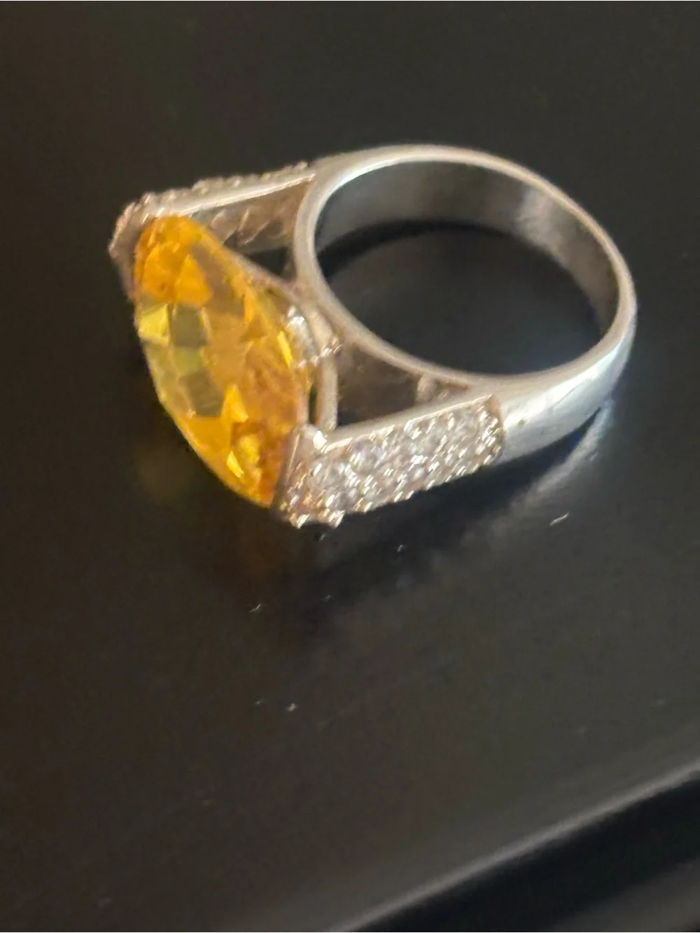 Sterling silver Ring W/ Citrine colored Gemstone and Rhinestones down each side