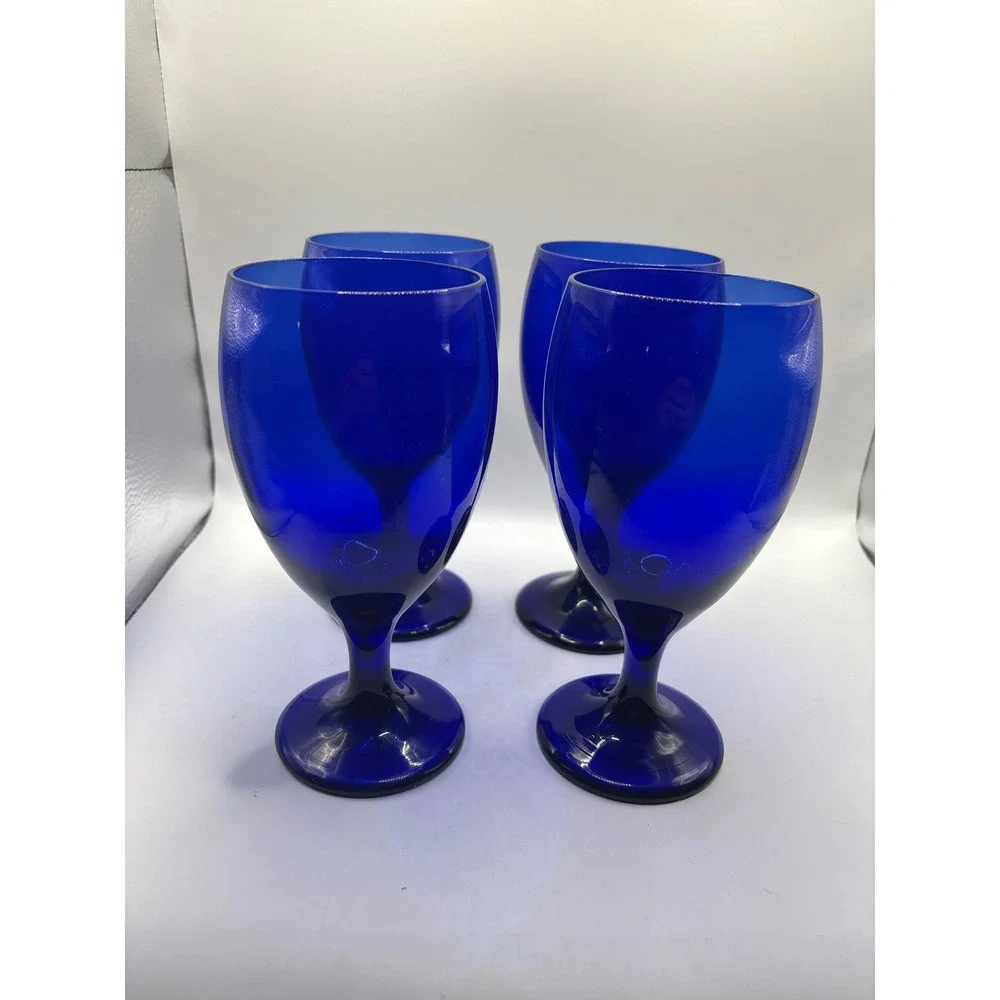 VTG Set of 4 Cobalt Blue Glass Goblets Stemmed Water Wine Glasses 7 inch
