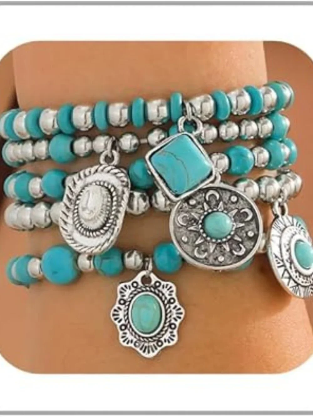 5 Turquoise Western Bracelets‎ Vintage Stackable Beaded Country Concert