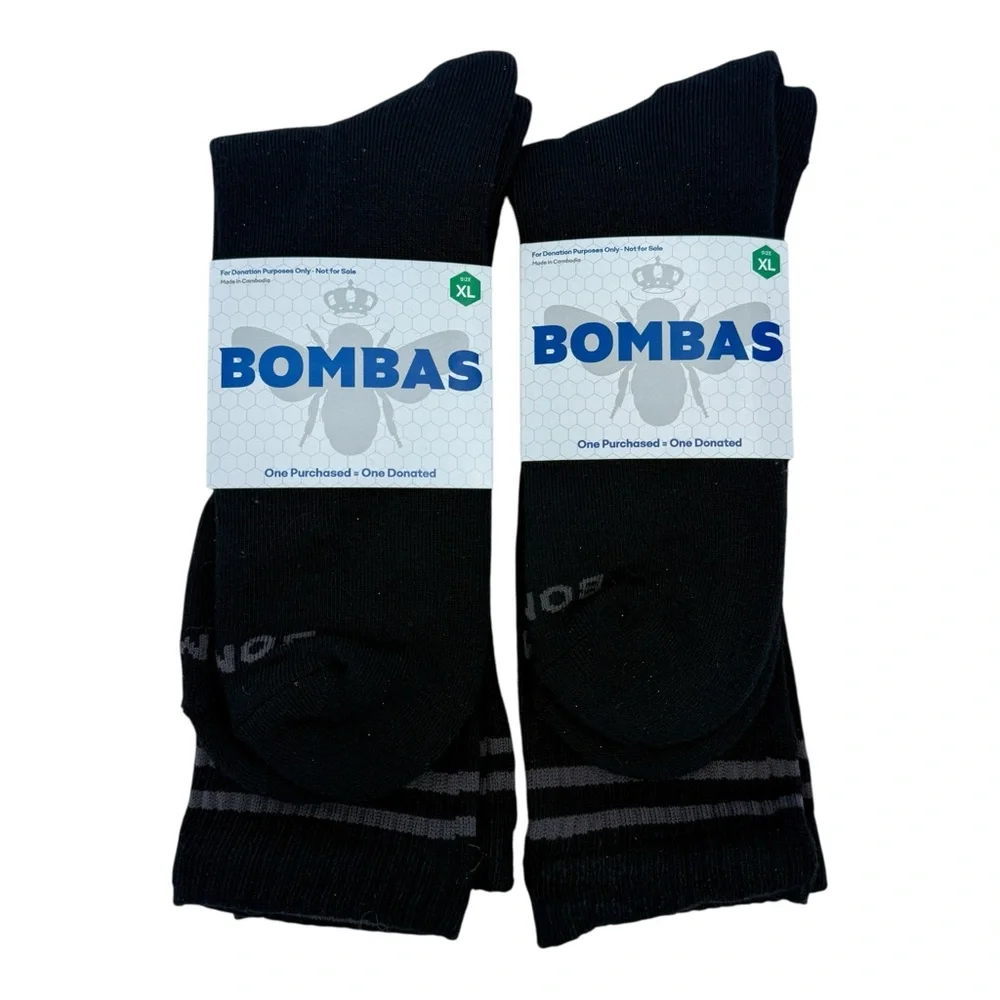 Bombas Mens‎ Crew Socks 2 Pair Black Grey Stripe Honeycomb Arch Support Size XL