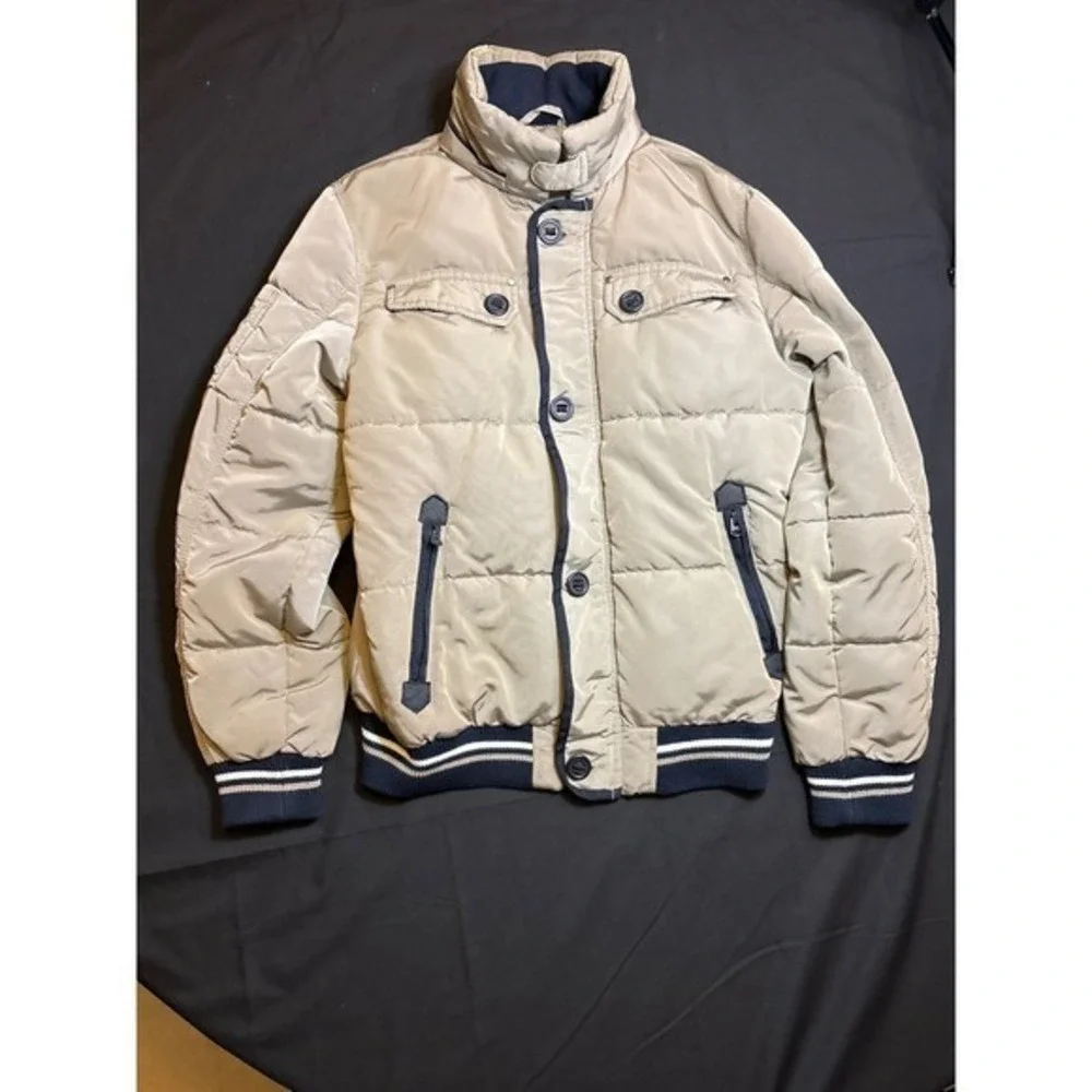 Zara Man Puffer‎ Jacket Tan Navy Blue Quilted Bomber Coat Mens Medium RN77302
