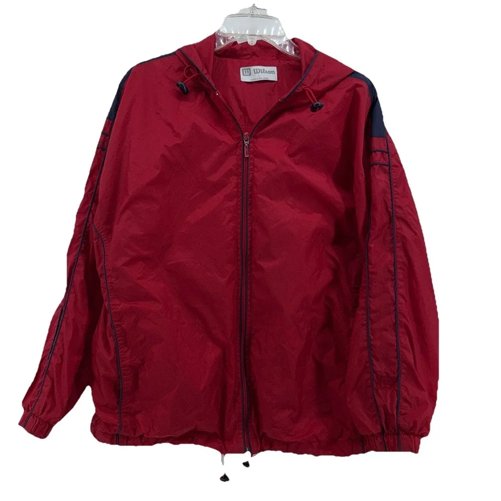 Vintage Wilson Men's Long Sleeve  Red Zip Up Windbreaker‎ w/Navy Piping - Sz L