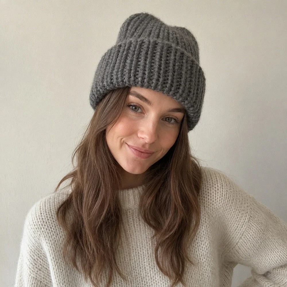 Myssy Unisex Beanie OS Gray Organic Wool Chunky Ribbed Knit Handmade Finland