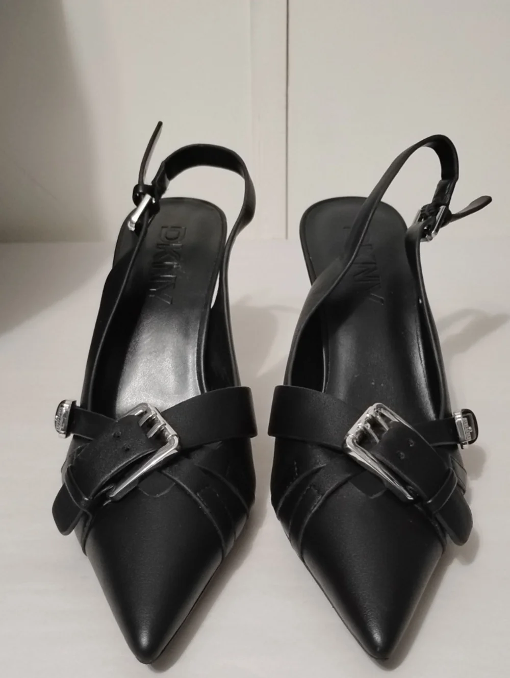 DKNY Black Pointed Slingback Heels with Silver Buckle Accent