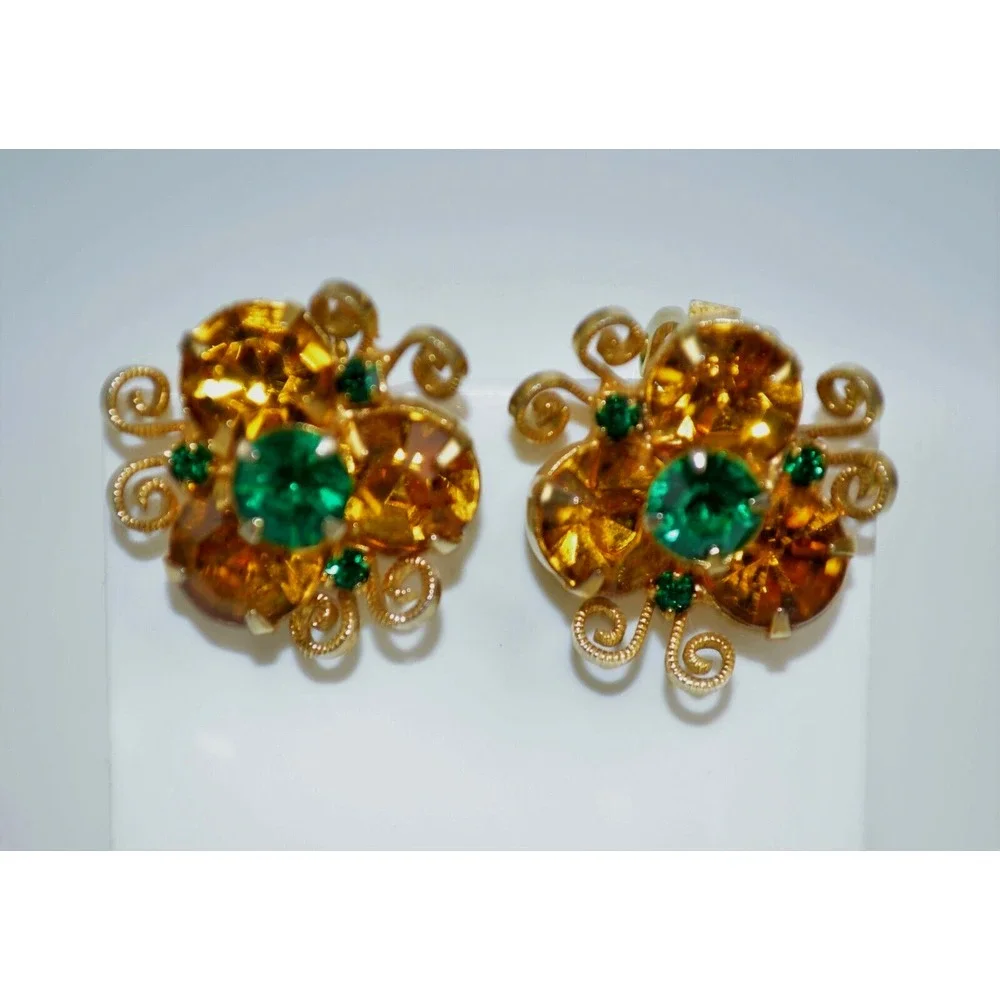 Vintage Gold Tone Metal Clip On Earrings Beautiful Orange &‎ Green Rhinestones