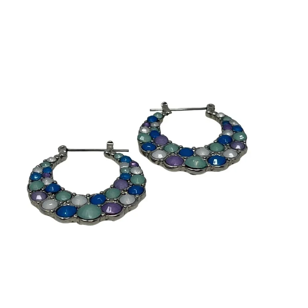 Hoop Earrings Silvertone Purple Blue White Faceted Bubble‎ Hinged Back