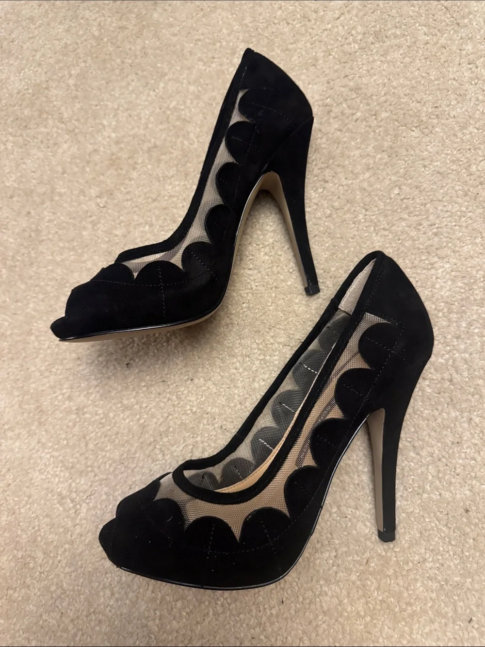French Connection Black Mesh Scallop Peep-Toe Heels