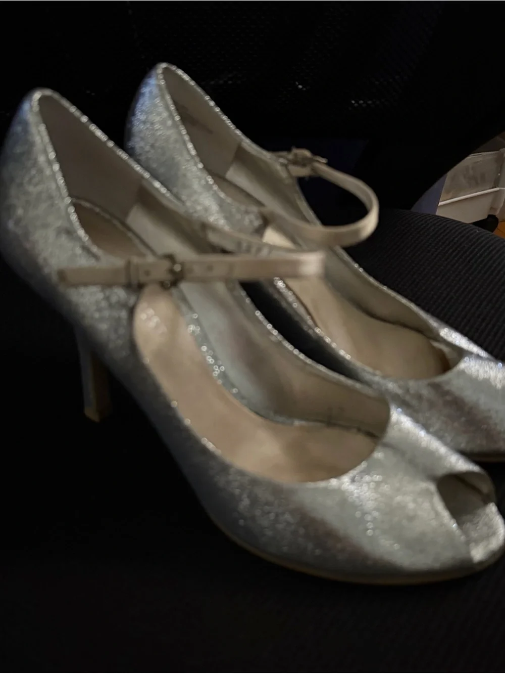 Shimmery Silver Mary Jane High Heels with Ankle Strap