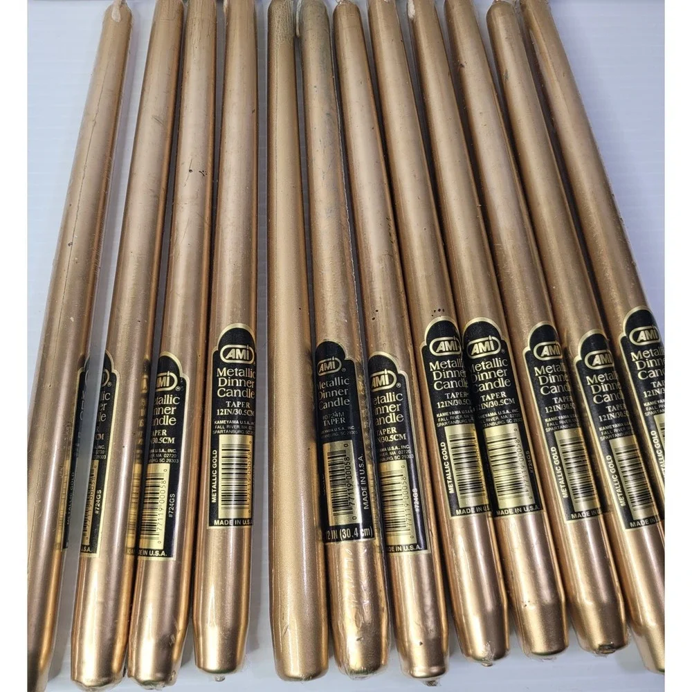VTG Lot Of 12 AMI Metallic Gold Taper Dinner Candles 12