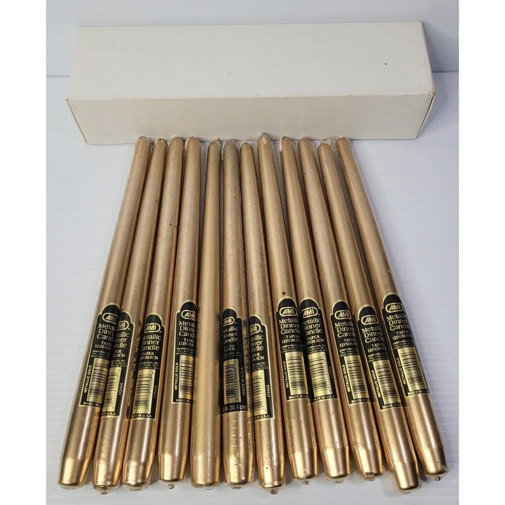 VTG Lot Of 12 AMI Metallic Gold Taper Dinner Candles 12