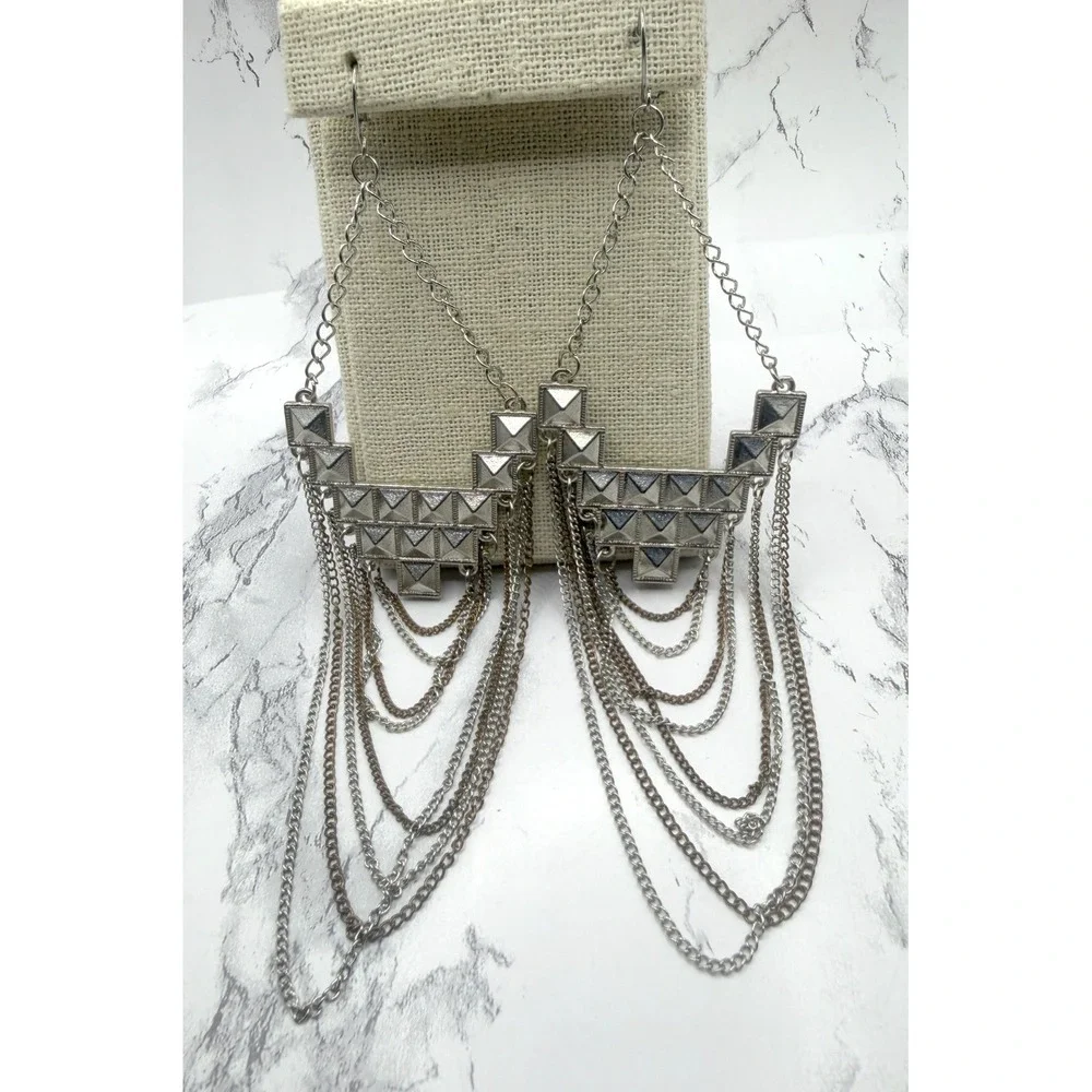 Extra Long Pyramid Stud Chain Fringe Earrings Mixed Metal Shoulder Dusters 6