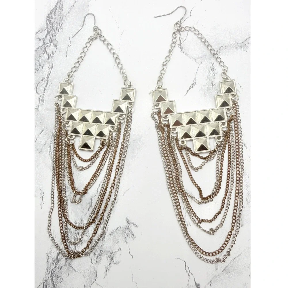 Extra Long Pyramid Stud Chain Fringe Earrings Mixed Metal Shoulder Dusters 6