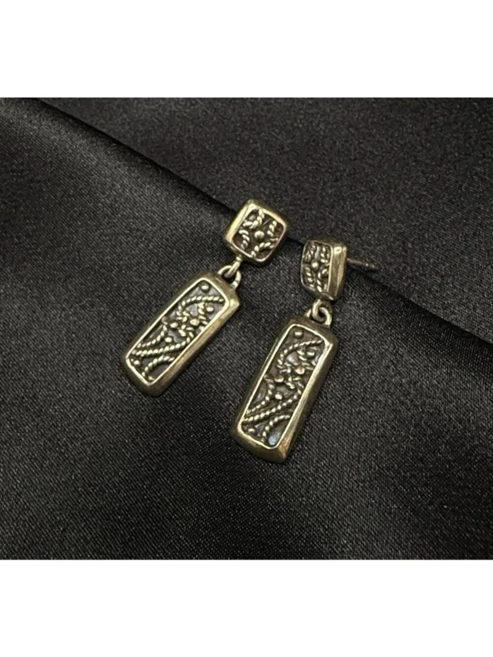 Vintage 925 Sterling Silver Rectangular Dangle Earrings With Floral Detailing