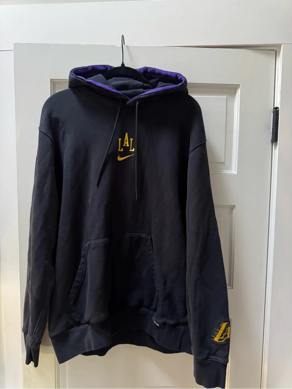 Nike Men's Black Hoodie with Purple Lined Hood & Yellow LAL Detail
