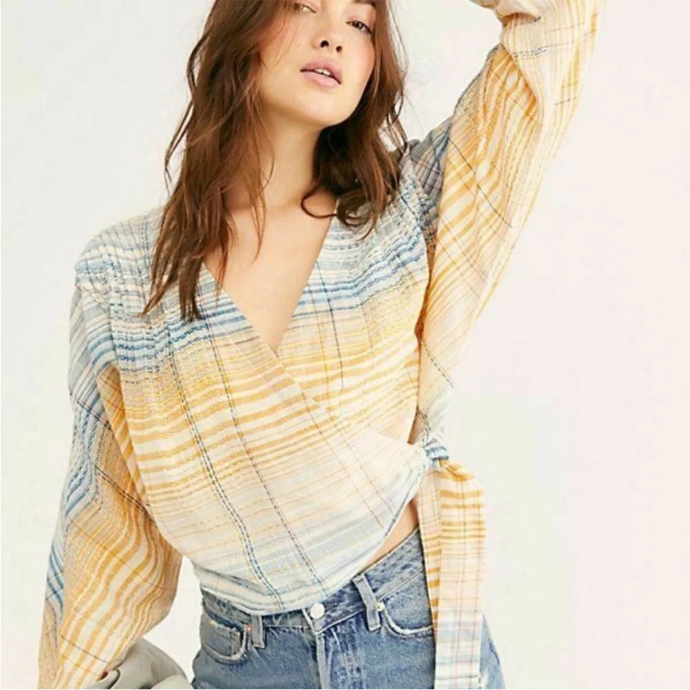 Lightweight Striped Wrap Blouse in Yellow & Blue