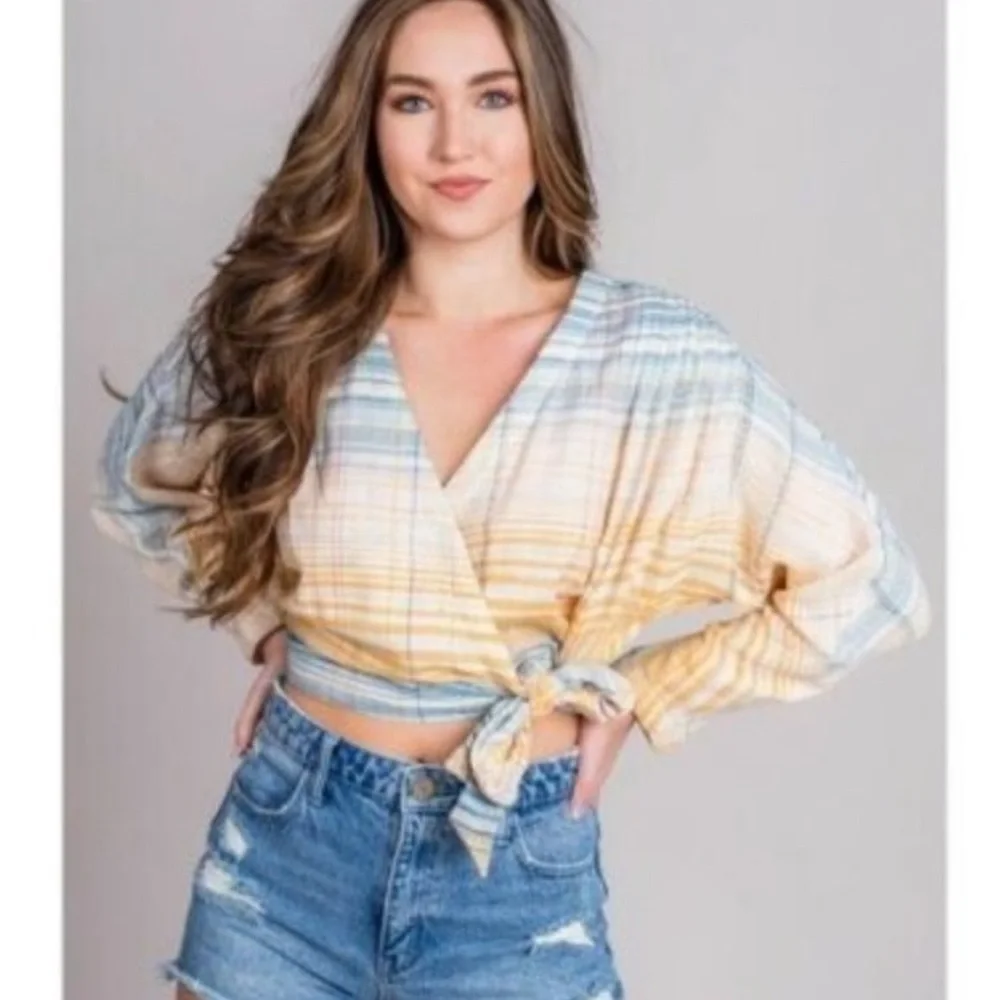 Lightweight Striped Wrap Blouse in Yellow & Blue