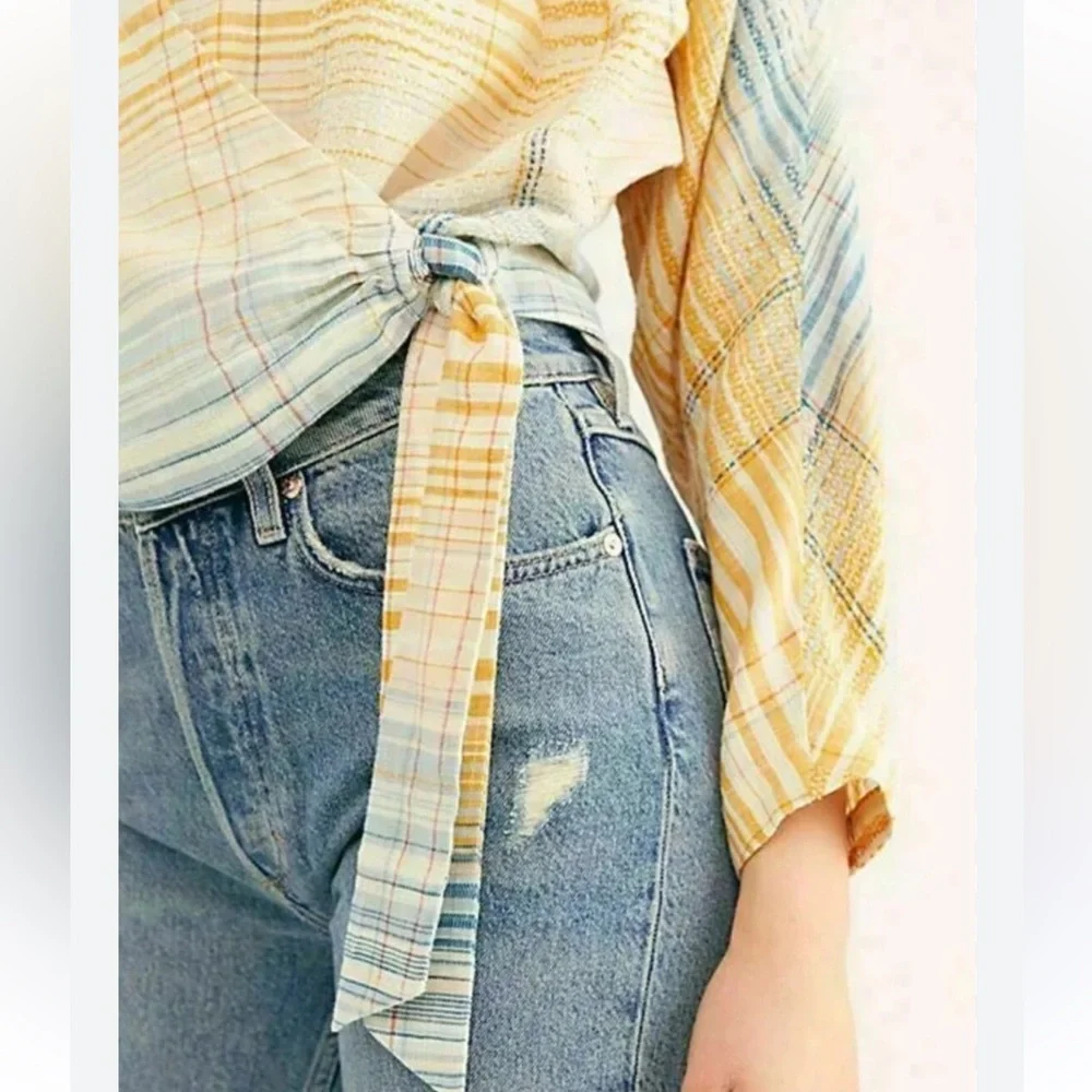 Lightweight Striped Wrap Blouse in Yellow & Blue
