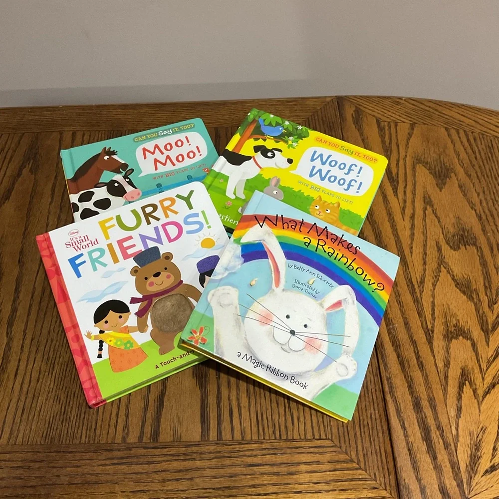 4 Board Books: Moo Moo, Woof, Woof, Furry Friends & What Makes a Rainbow