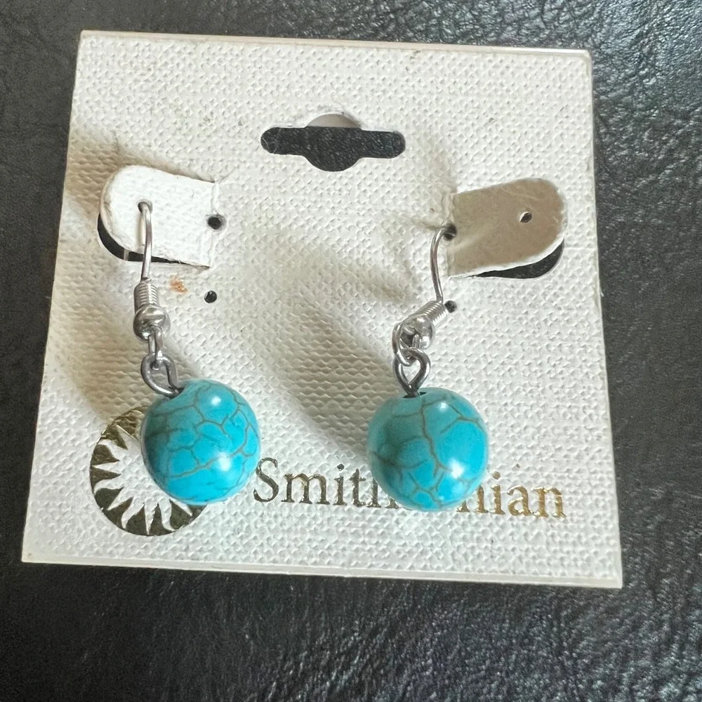 Smithsonian Faux Turquoise Bead‎ Dangle Earrings Silver Tone OS Boho 90s