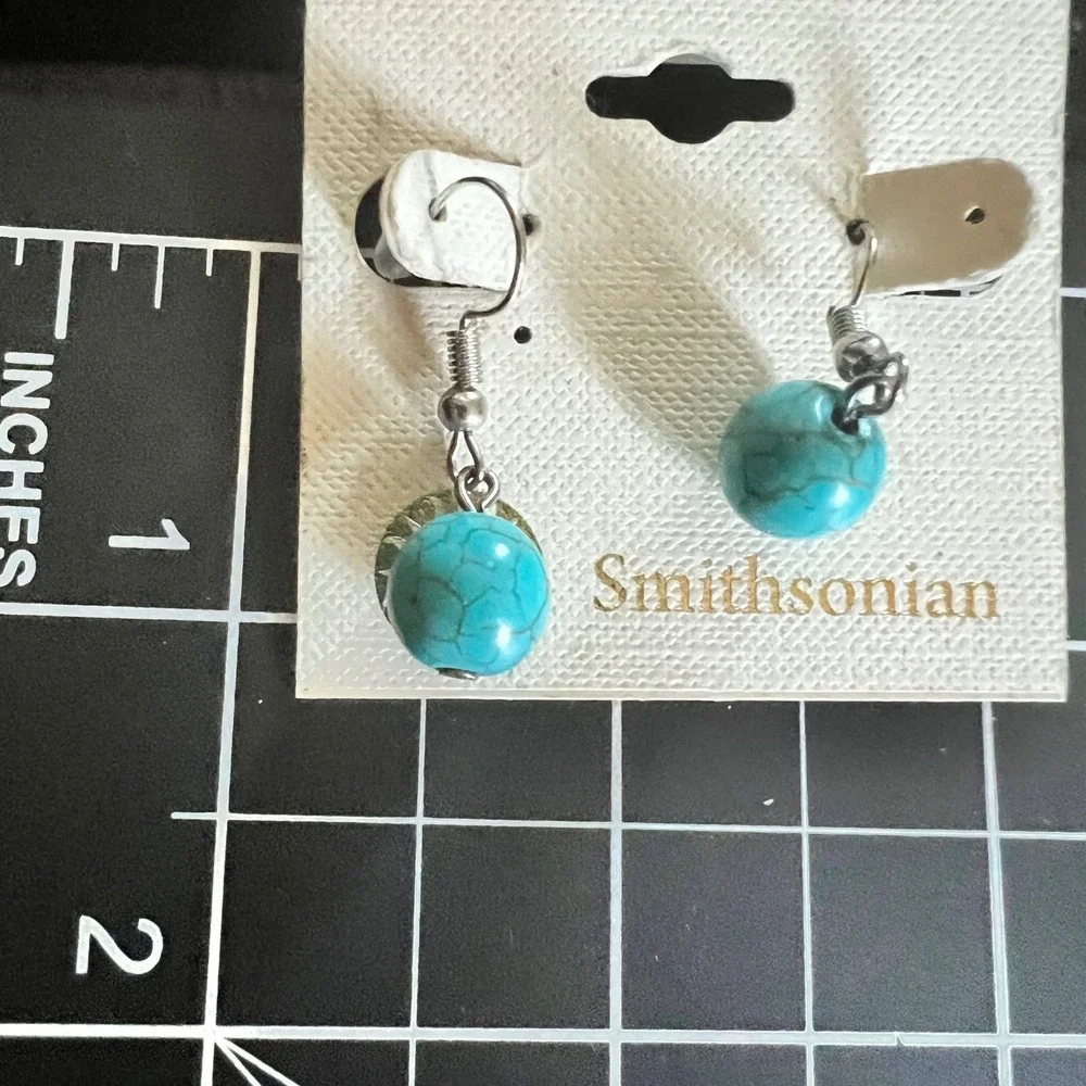 Smithsonian Faux Turquoise Bead‎ Dangle Earrings Silver Tone OS Boho 90s