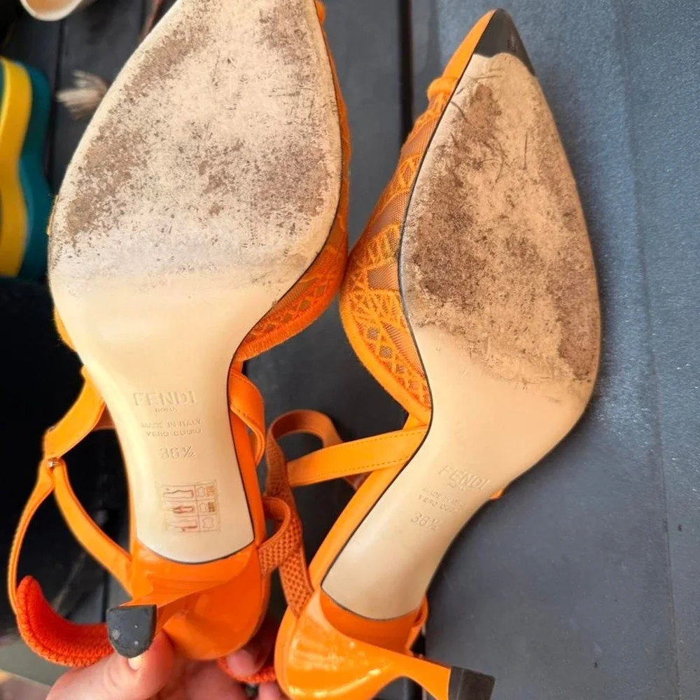 Fendi Colibri Orange Mesh Slingback Pumps Neon Pointed Toe Kitten Heels 36.5