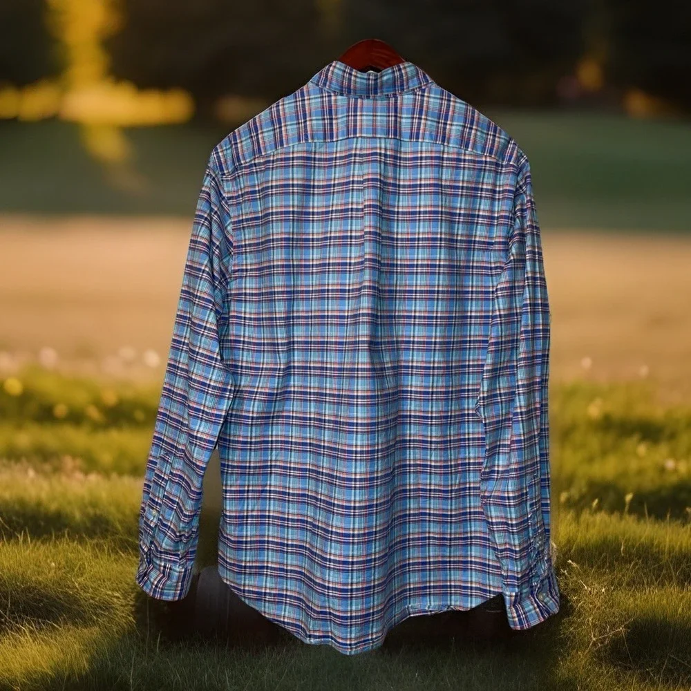 Ralph Lauren Flesh‎ Pony Slim Fit Stretch Oxford Men XXL Blue Plaid Long Sleeve