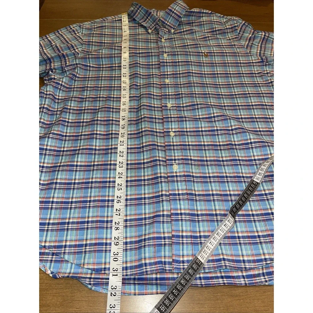 Ralph Lauren Flesh‎ Pony Slim Fit Stretch Oxford Men XXL Blue Plaid Long Sleeve
