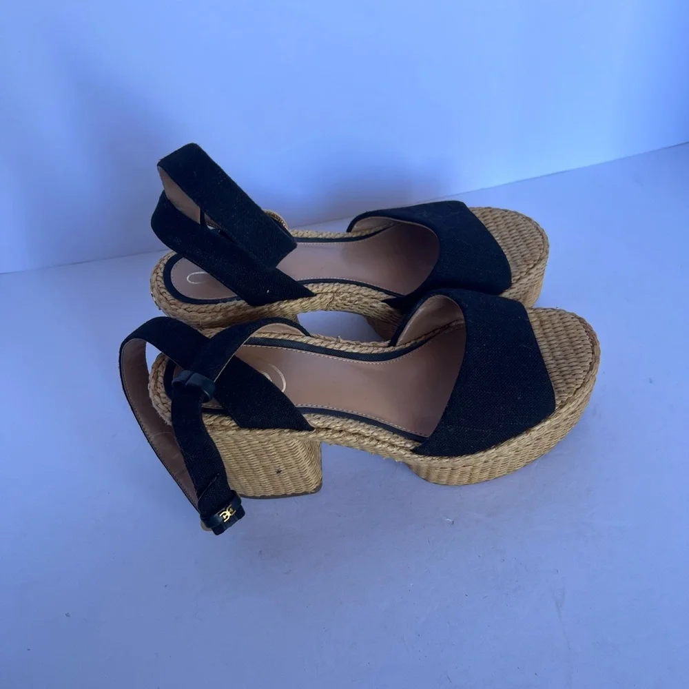 Sam Edelman Tan‎ Immie Black Woven Platform Ankle-Strap Heels