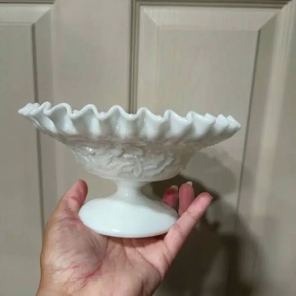 Milk glass ruffled edge grape leaf footed bowl