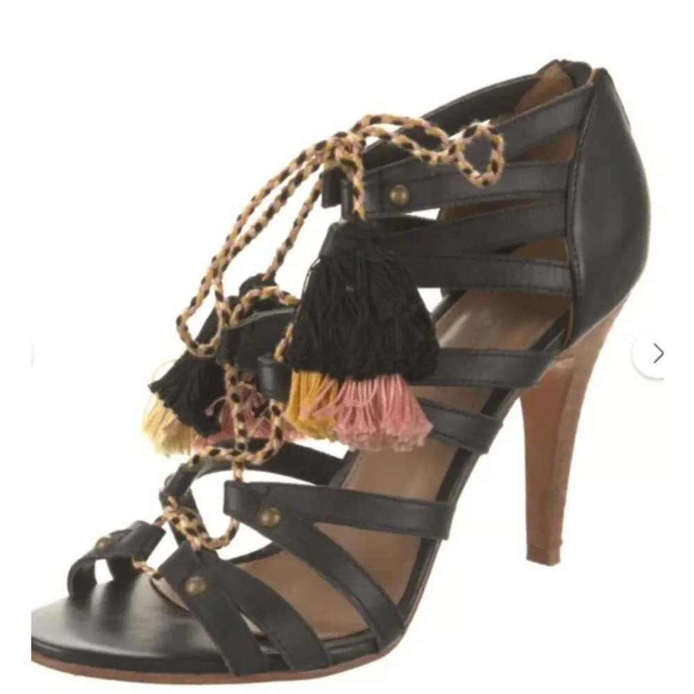 Ulla Johnson Tassel Accent Heels Sandals Women's 37 Black Brown Strappy