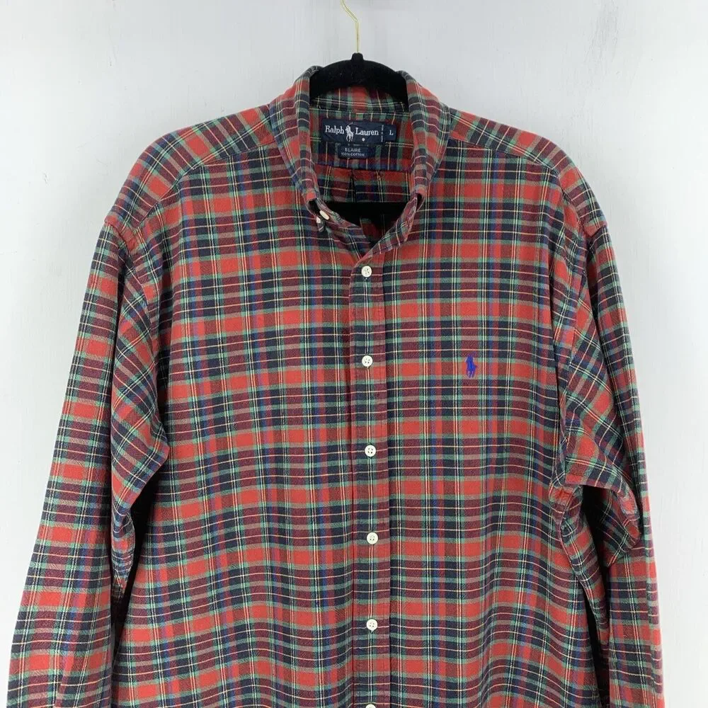 Vtg Ralph Lauren Mens Large Blair Plaid‎ Flannel Button Down Shirt Preppy Casual