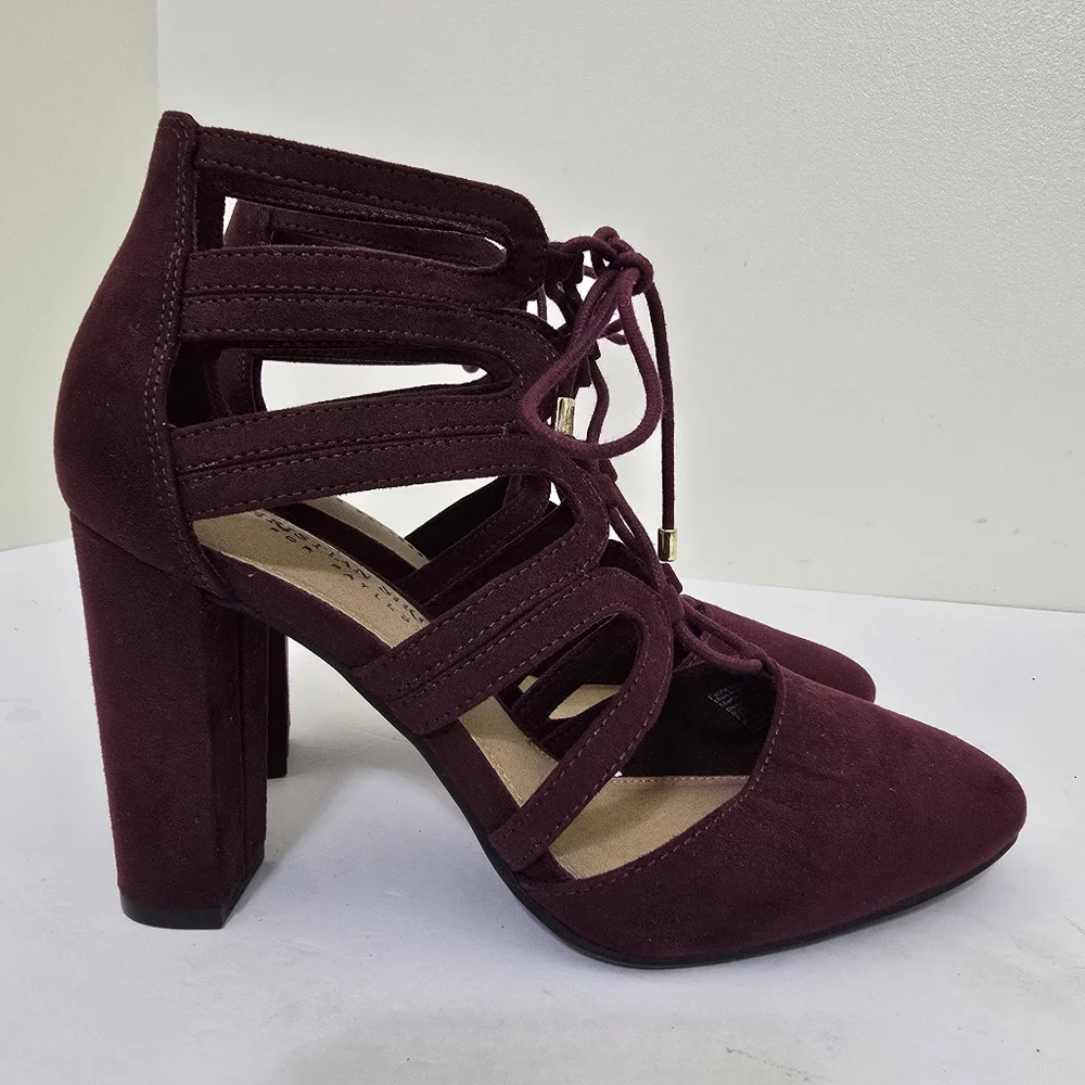 CHRISITIAN SIRIANO size 6.5 Suede Lace Up Strappy Block‎ Heel Shoes Burgundy