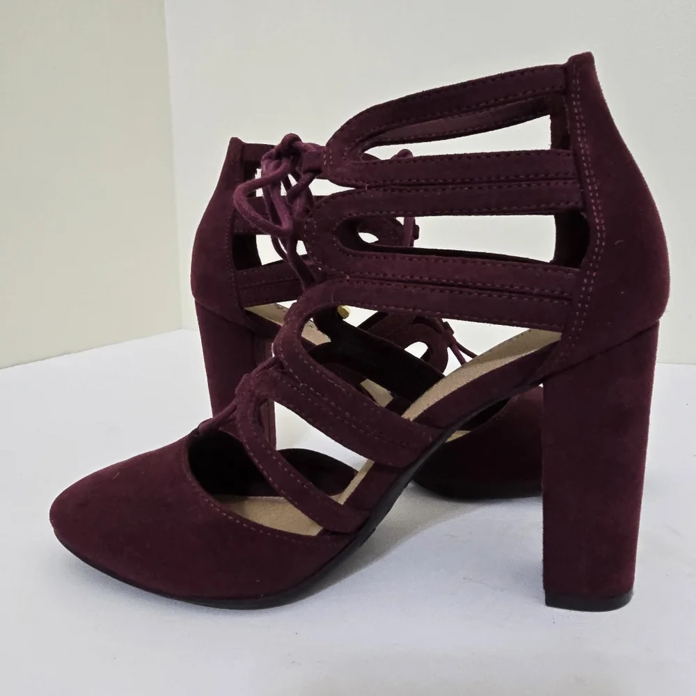 CHRISITIAN SIRIANO size 6.5 Suede Lace Up Strappy Block‎ Heel Shoes Burgundy