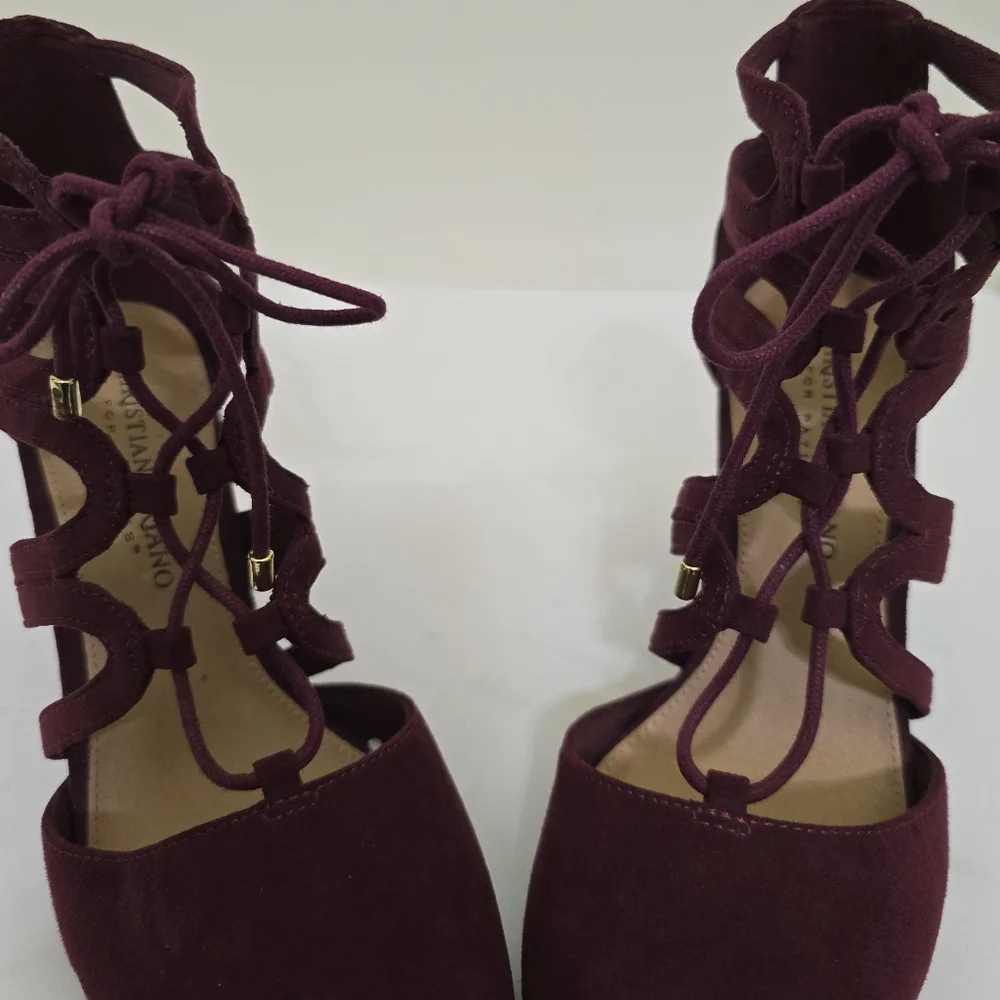 CHRISITIAN SIRIANO size 6.5 Suede Lace Up Strappy Block‎ Heel Shoes Burgundy