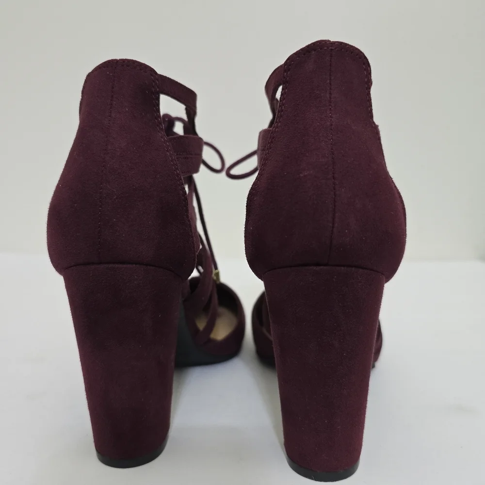 CHRISITIAN SIRIANO size 6.5 Suede Lace Up Strappy Block‎ Heel Shoes Burgundy