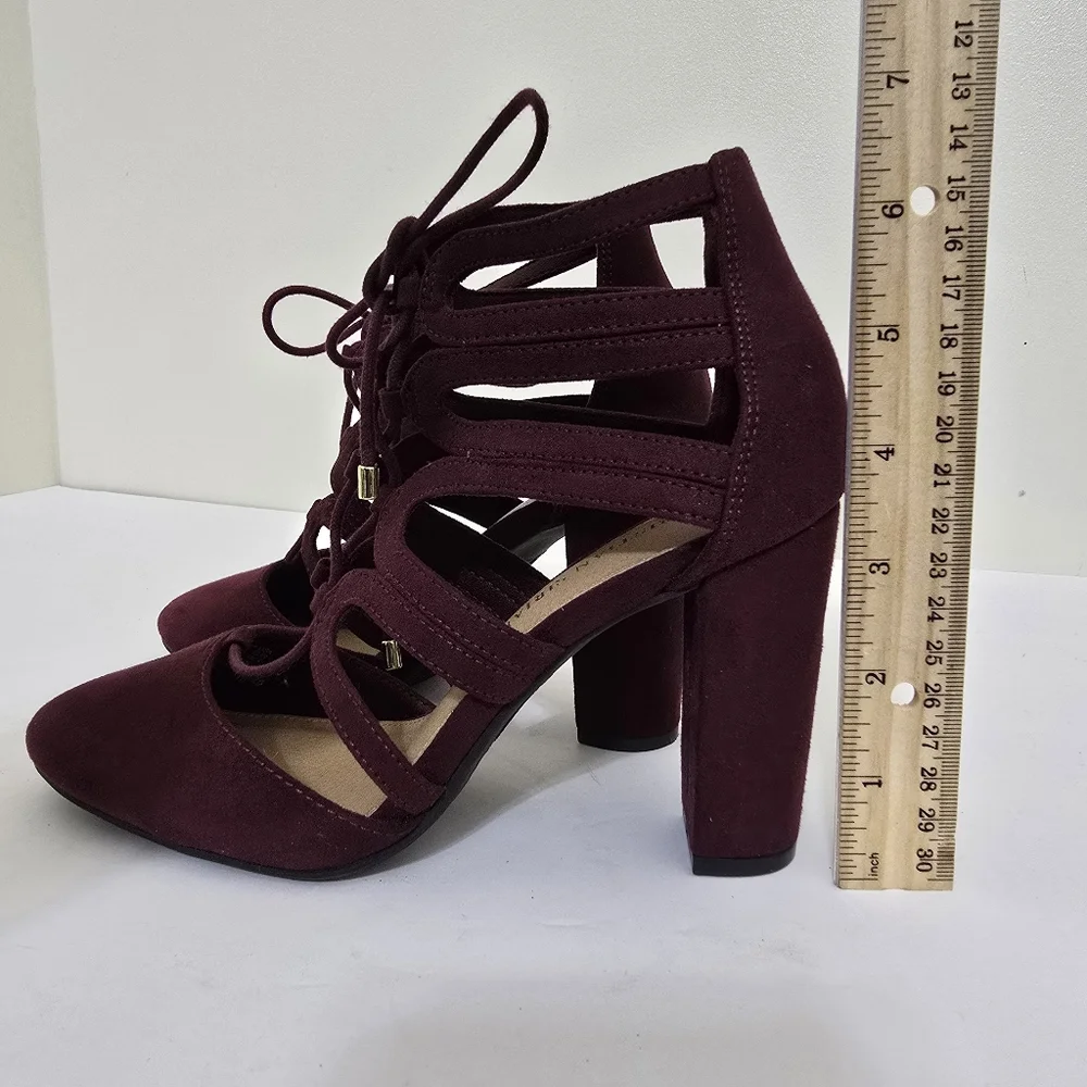 CHRISITIAN SIRIANO size 6.5 Suede Lace Up Strappy Block‎ Heel Shoes Burgundy
