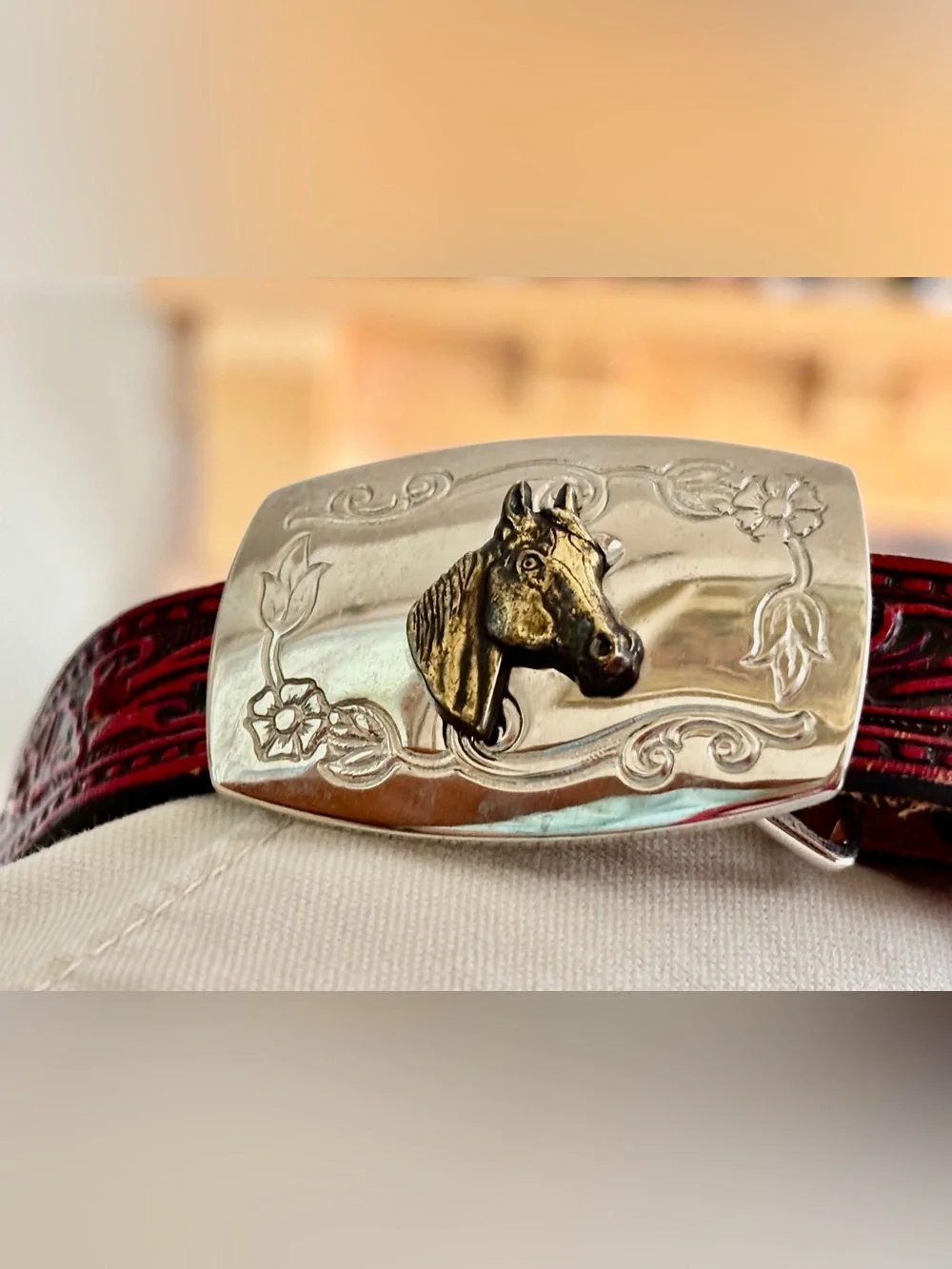 Circle Y of Yokum Vintage Tooled Red Leather Western Belt & Buckle - Child Size