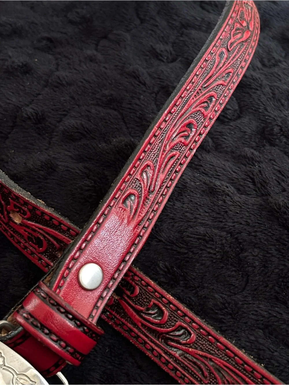 Circle Y of Yokum Vintage Tooled Red Leather Western Belt & Buckle - Child Size