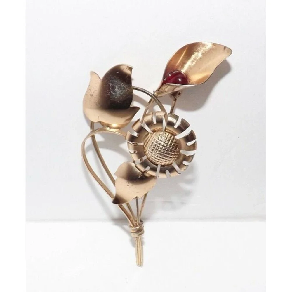 Vintage Signed Truart Sterling Silver Gold Wash Flower Brooch Pin