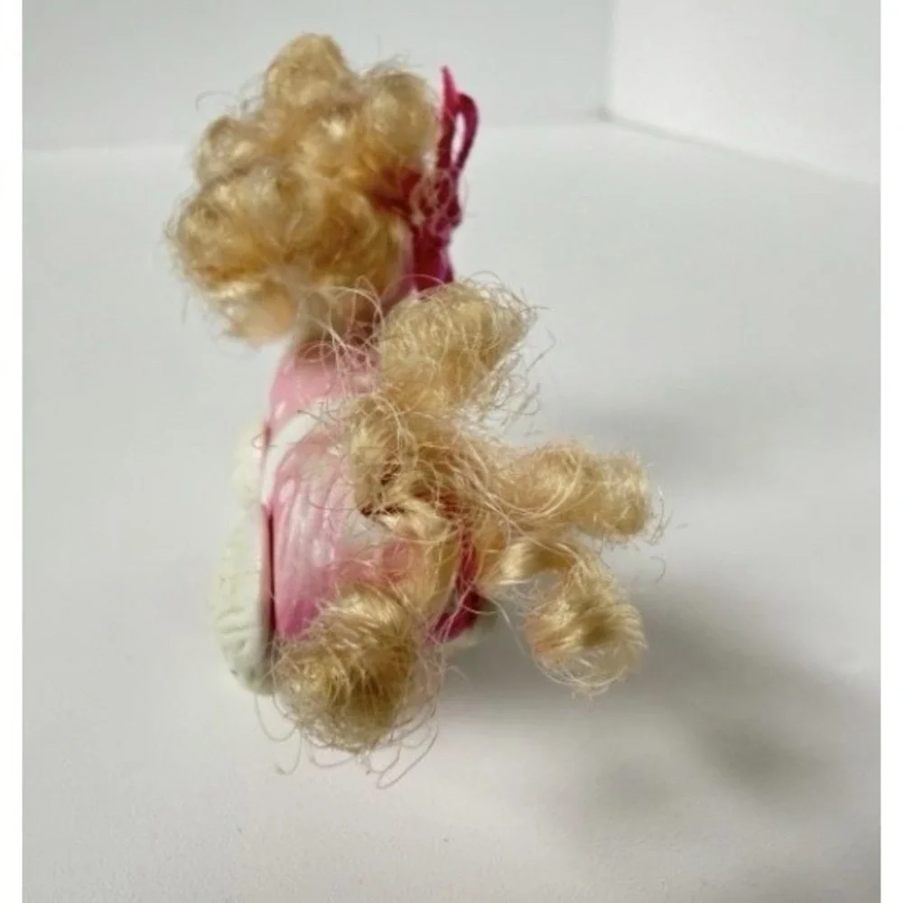 Barbie‎ White Poodle Dog Blond Curly Hair Pink Bows Movable Feet Toy Figure