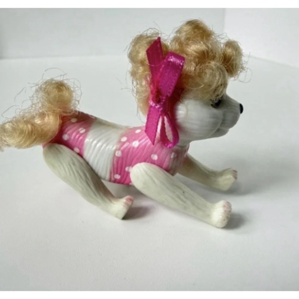 Barbie‎ White Poodle Dog Blond Curly Hair Pink Bows Movable Feet Toy Figure