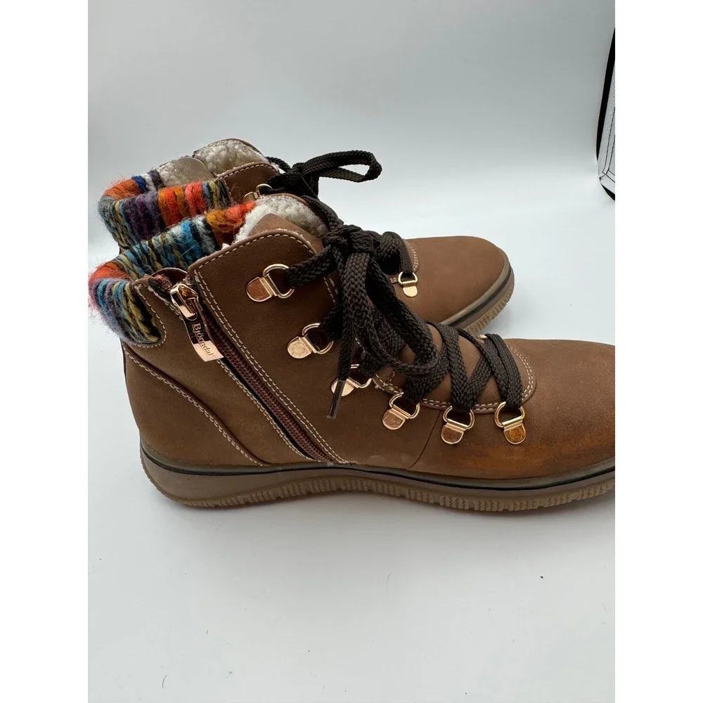 Bjorndal Everly Brown Faux Suede Knit Collar Ankle Boots Womens 9‎ Side Zip
