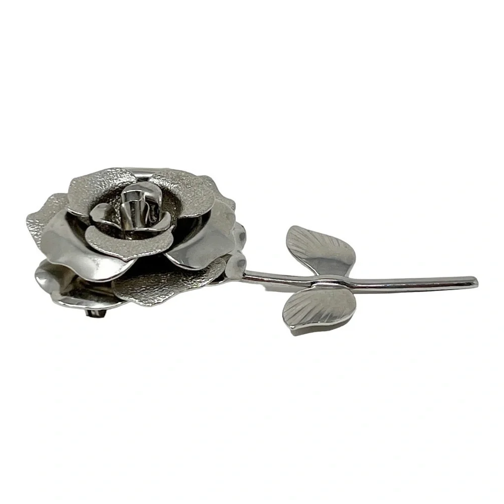 Vintage Silver Tone Rose Brooch, Retro Long Steam